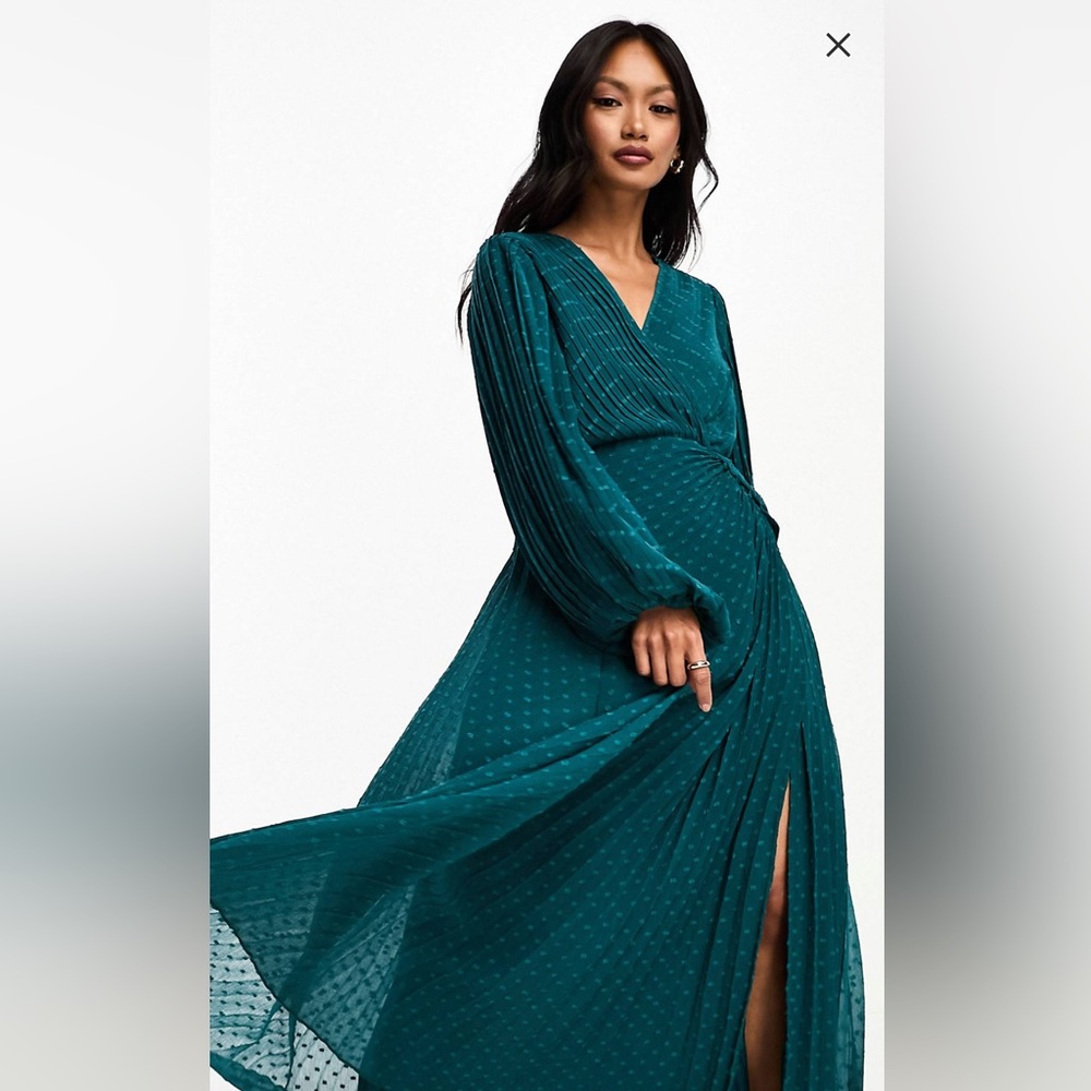 Elegant pine green pleated textured maxi dress with beautiful wrap button detail